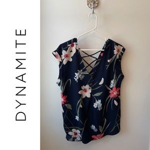 Dynamite Blue Floral Short Sleeve Blouse, Size Large